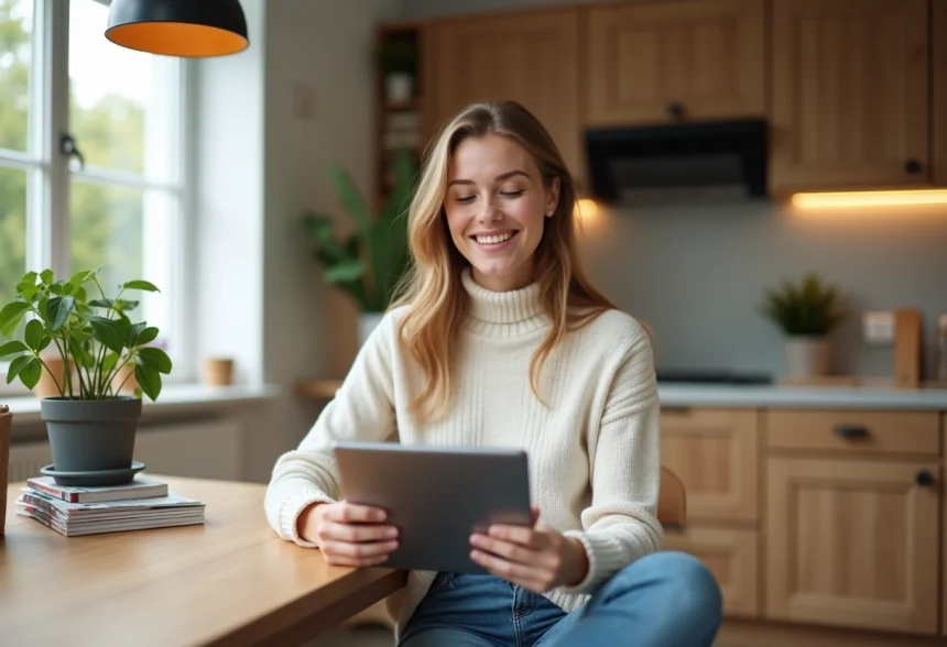 Jeune femme souriante utilisant une tablette dans la cuisine