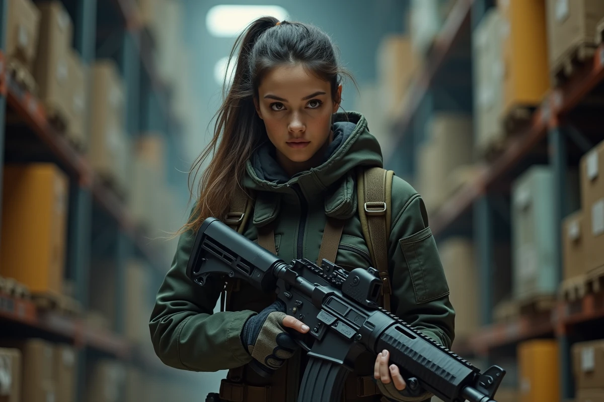 Jeune femme concentr&eacute;e avec arme futuriste dans un entrep&ocirc;t