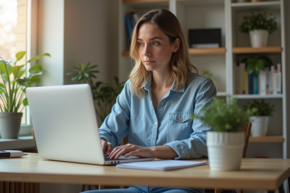 Femme concentrée travaillant sur un ordinateur portable dans un espace moderne