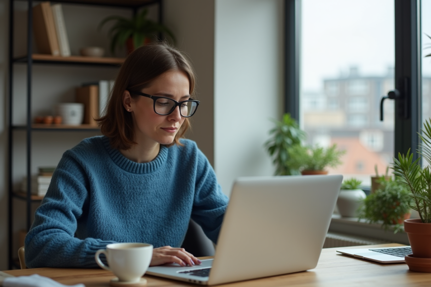 Femme en télétravail dans son bureau à domicile