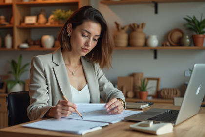 Jeune femme étudie documents dans boutique locale
