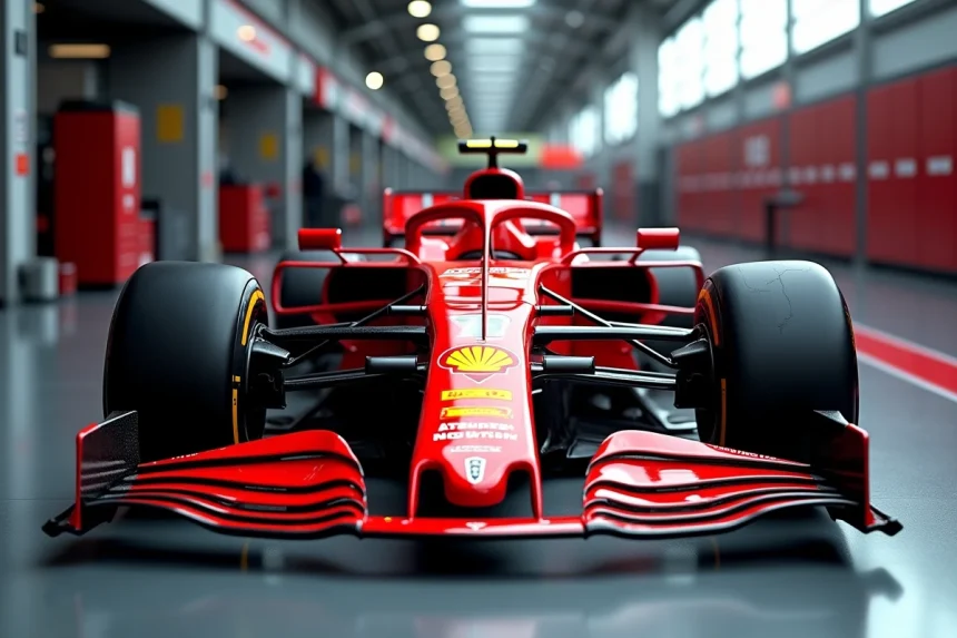 Voiture de Formule 1 rouge en carbone dans le garage des stands avec aérodynamique avancée