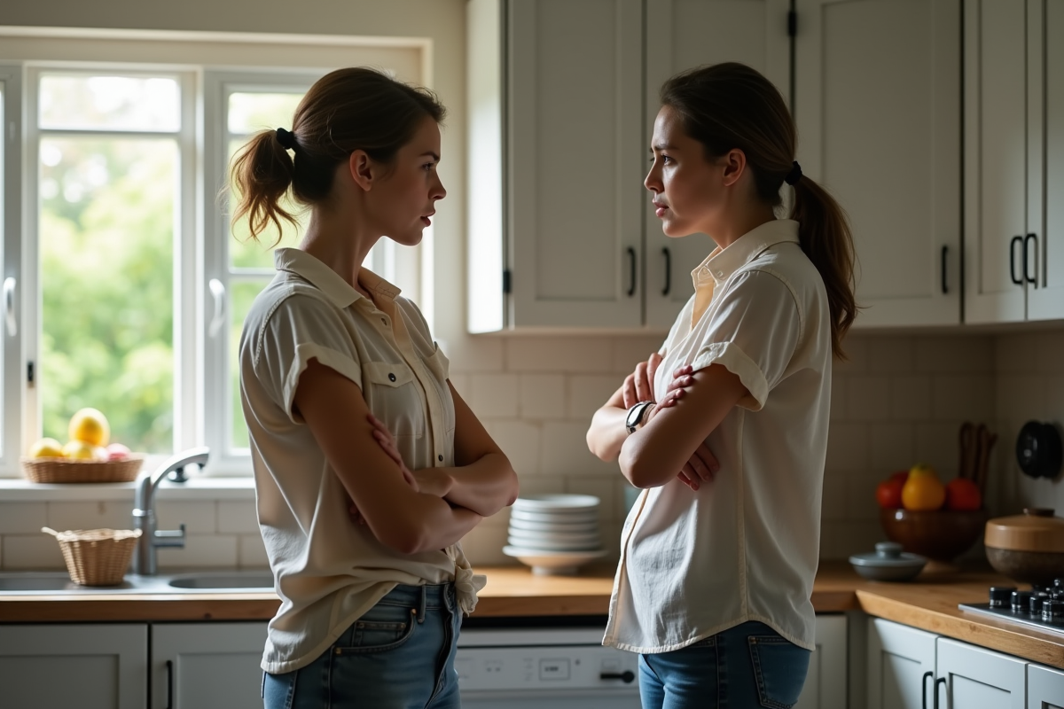 Fille et mère en dispute dans la cuisine familiale