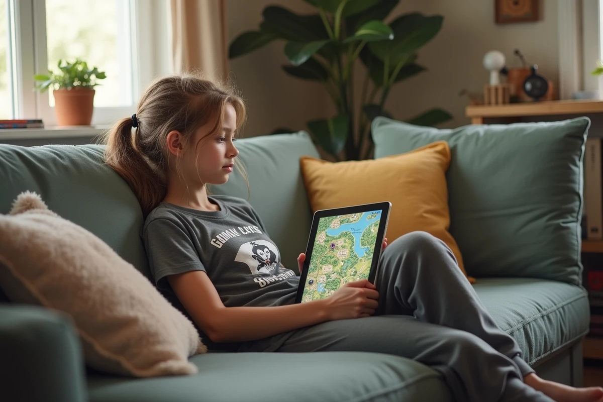 Adolescente détendue avec tablette affichant une carte Dofus dans le salon