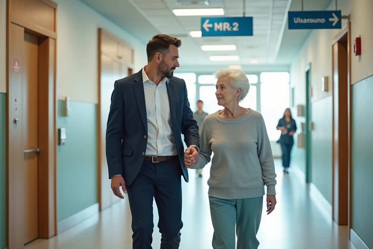 Jeune père aidant sa mère dans un couloir de clinique