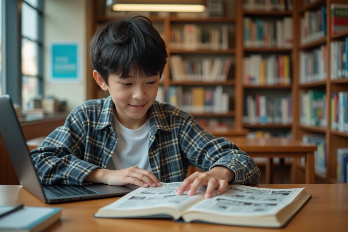 Adolescent comparant manga imprimé et scan sur ordinateur