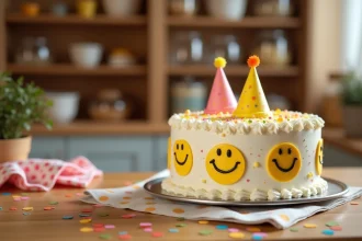 Gâteau d'anniversaire décoré de smileys rigolo sur une table en bois avec confettis et chapeaux de fête colorés