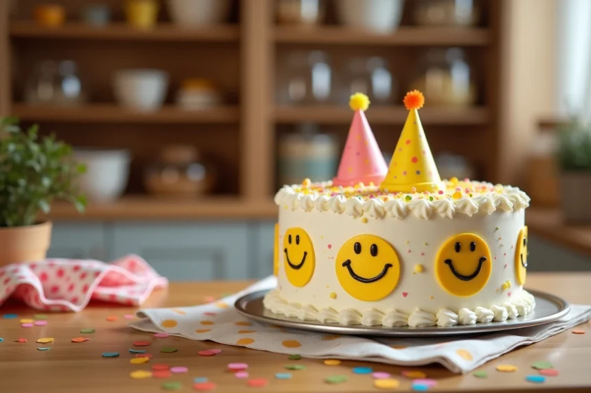 Gâteau d'anniversaire décoré de smileys rigolo sur une table en bois avec confettis et chapeaux de fête colorés