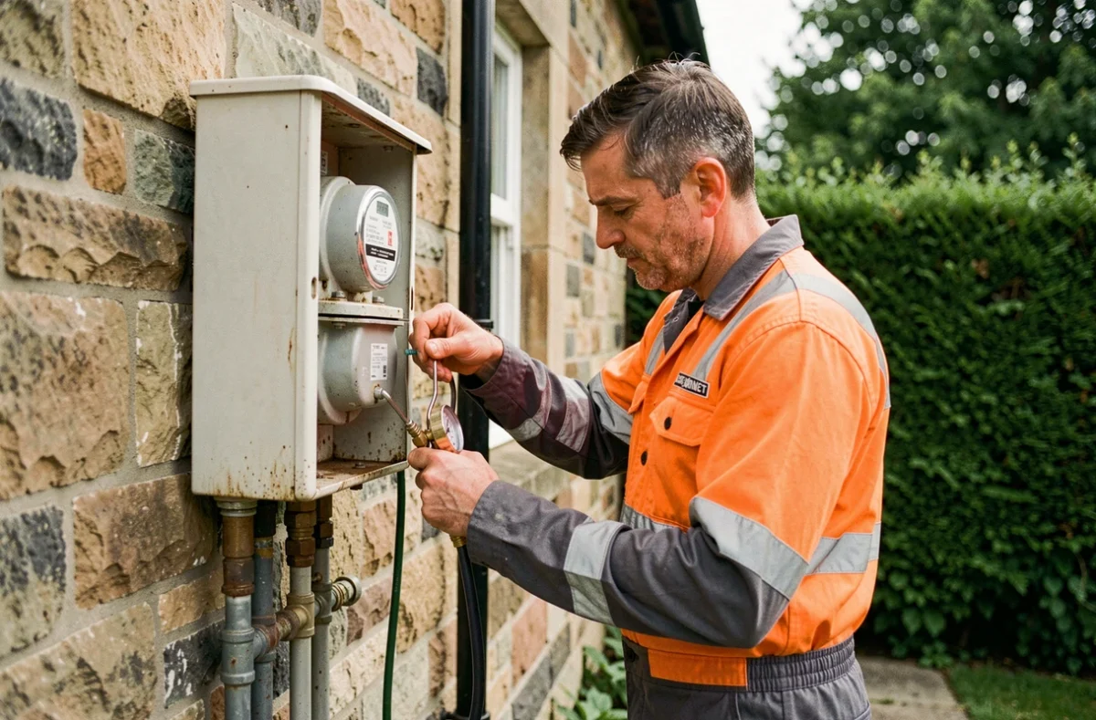 Technicien Gaz'Elec vérifiant les connexions de compteur gaz sur la façade d'une maison normande