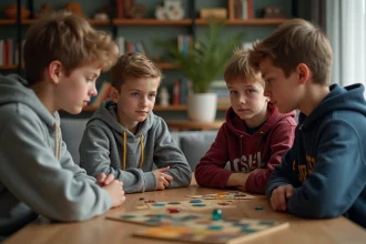 Quatre adolescents jouent à un jeu de société en intérieur