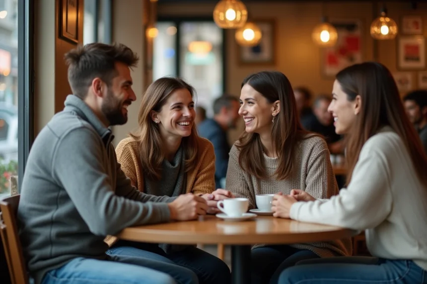 Groupe d'adultes en terrasse de café réagissant différemment à une blague, illustrant la frontière entre humour et beaufitude