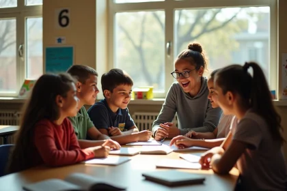 Groupe d'élèves et professeur autour d'une table en classe