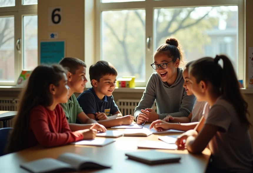 Groupe d'élèves et professeur autour d'une table en classe
