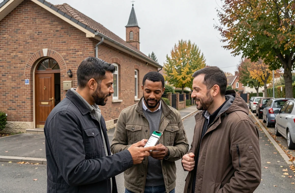 Groupe d'hommes devant une mosquée de banlieue parisienne consultant l'application Mawaqit pour les heures de prière
