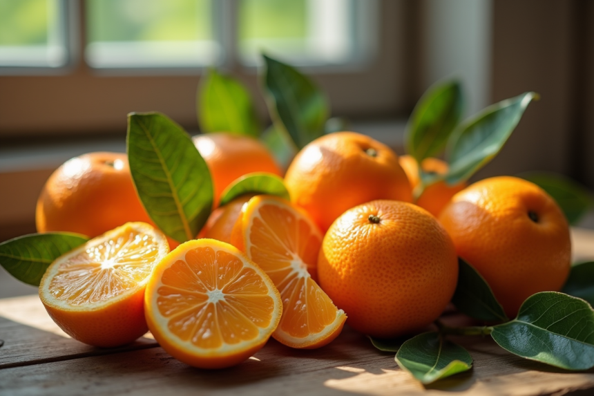 Groupe de kumquats frais sur une table en bois avec lumière naturelle