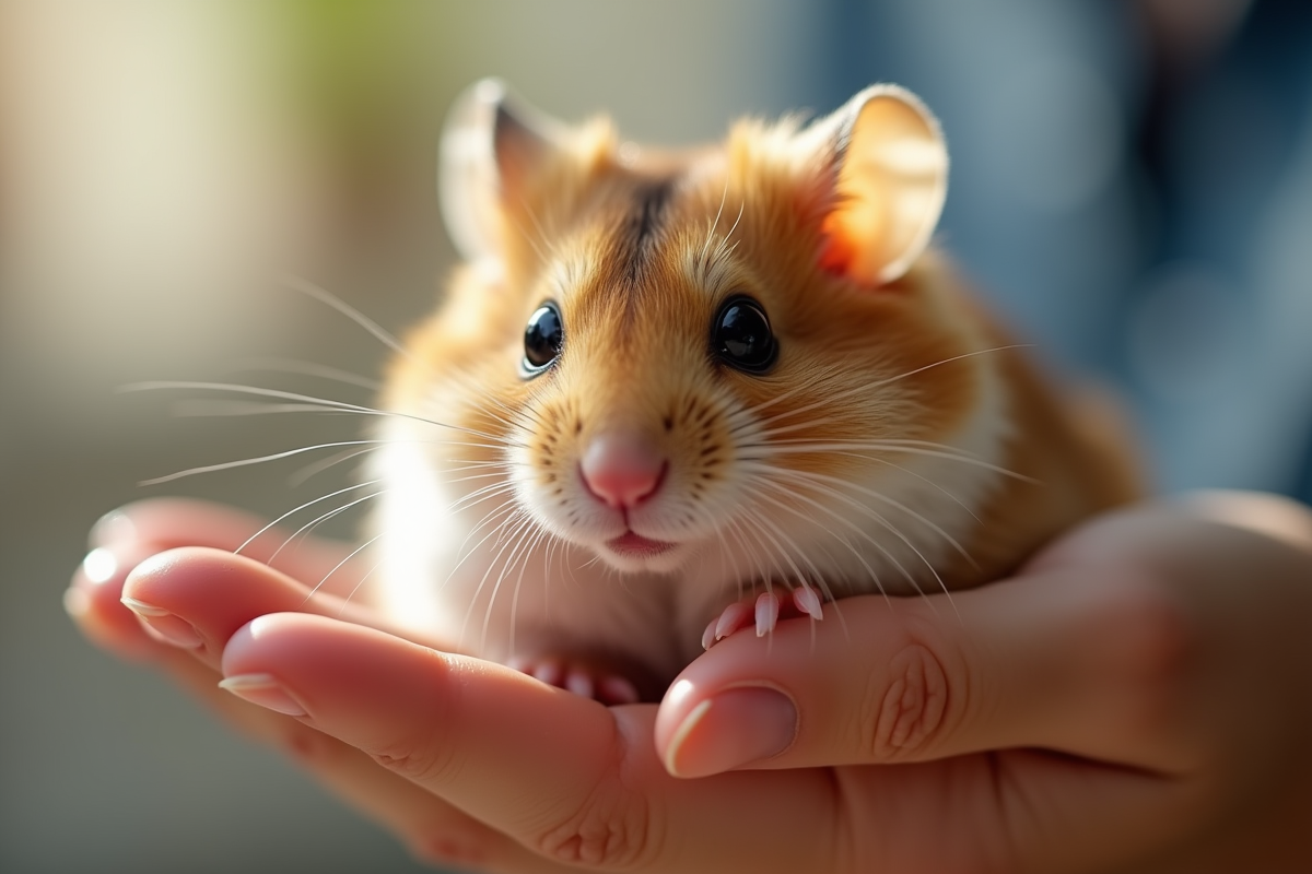 Hamster russe tenu dans des mains lumineuses et naturelles