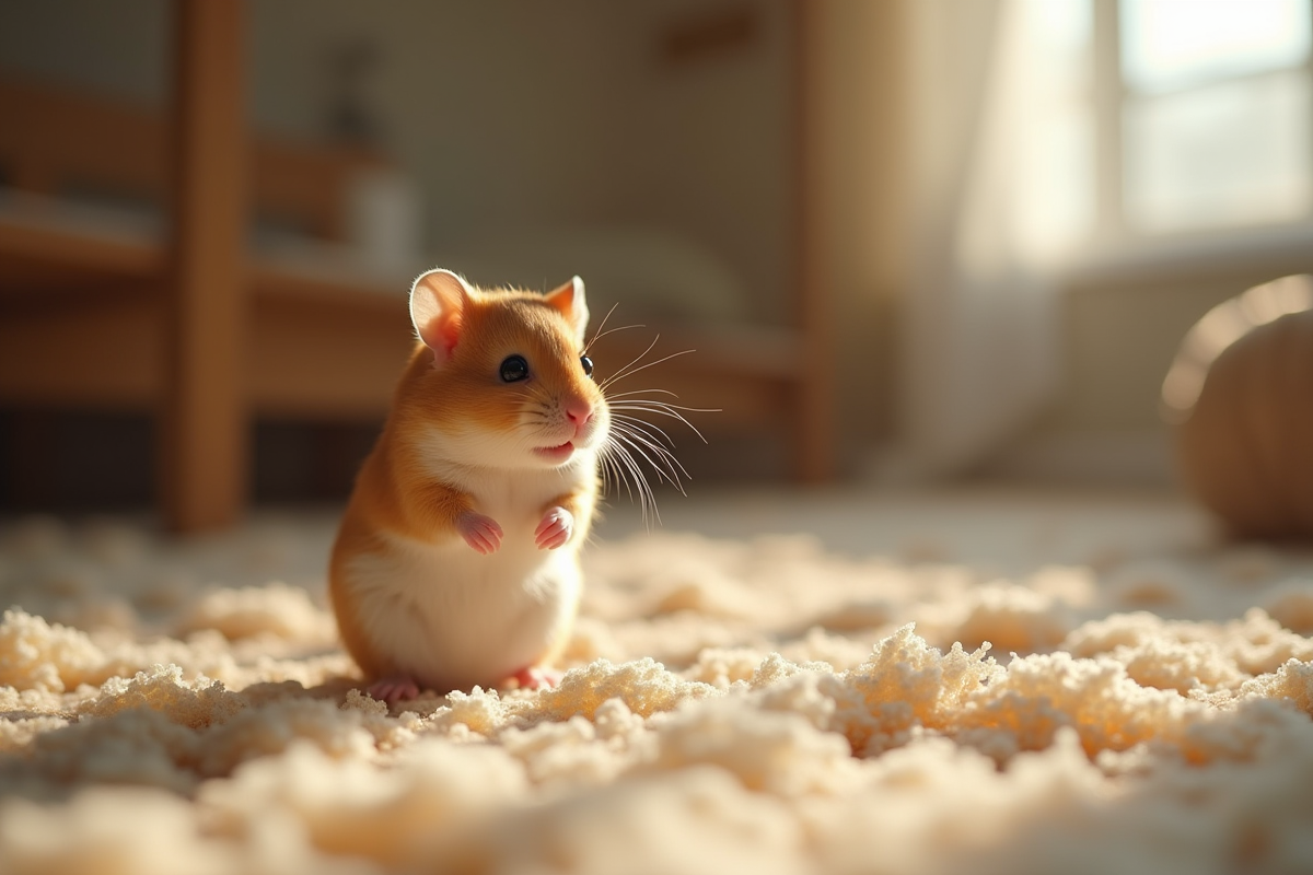 Petit hamster russe dans sa cage lumineuse et spacieuse