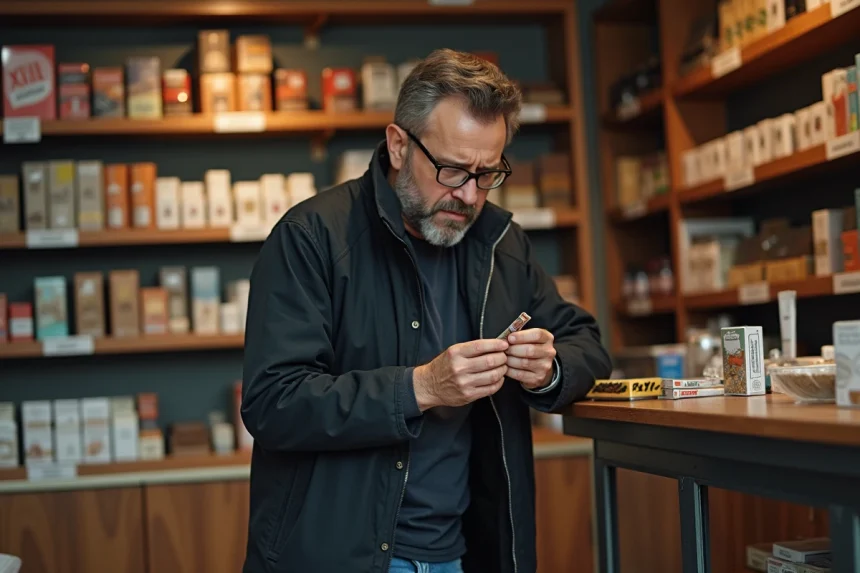 Homme d'âge moyen examinant un paquet de tabac en boutique