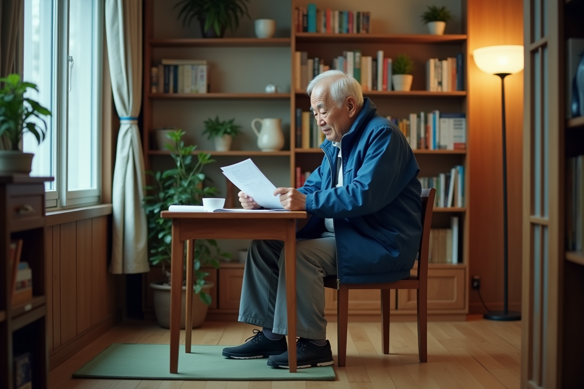 Homme japonais âgé examinant ses factures dans son appartement
