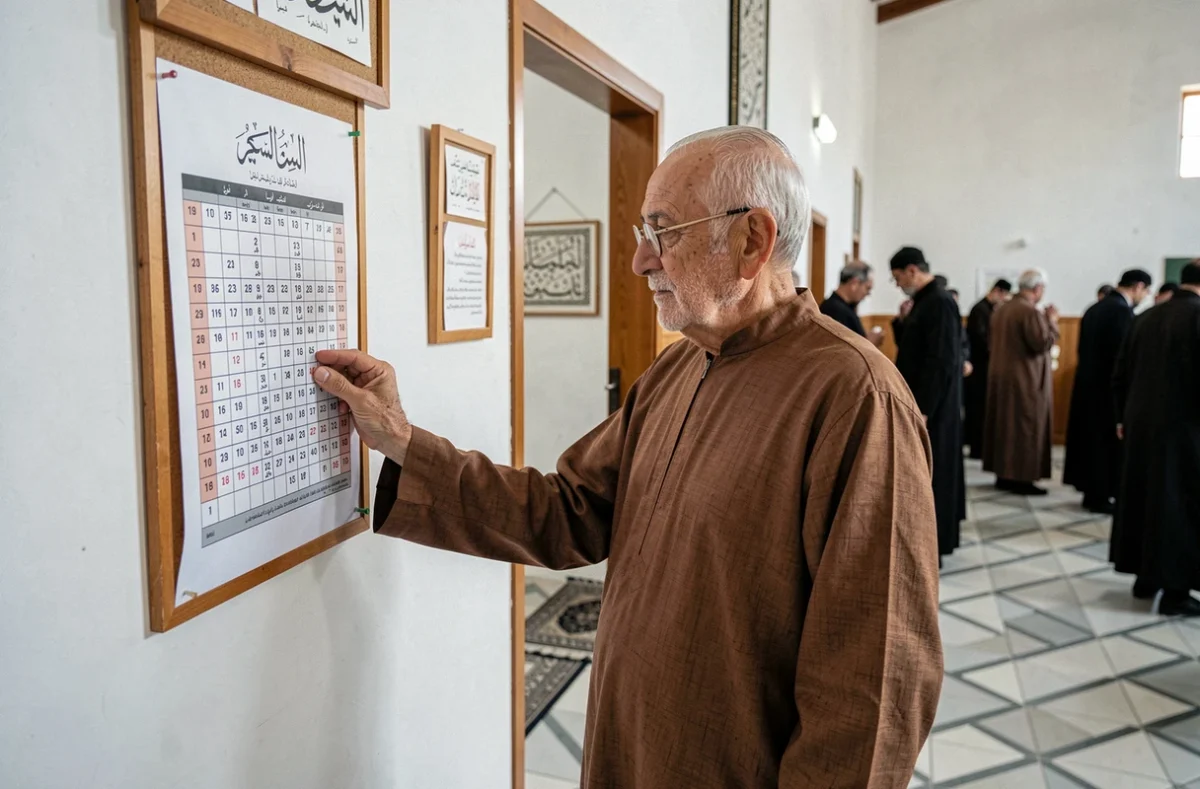 Homme âgé consultant le tableau des horaires de prière affiché dans une mosquée à Nantes
