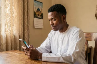 Homme consultant l'application Mawaqit sur son smartphone pour les horaires de prière à Athis-Mons
