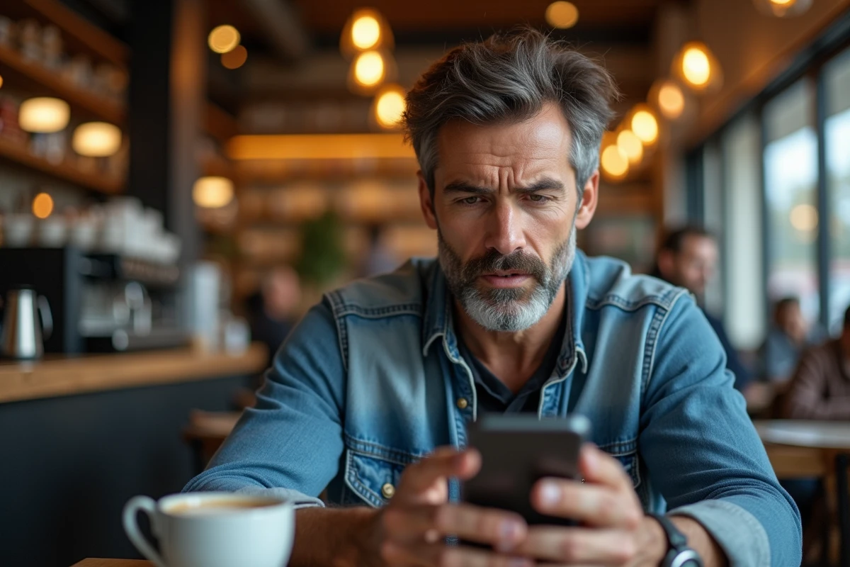 Homme lisant des avis clients négatifs sur son smartphone dans un café, représentant un litige avec une boutique en ligne