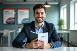 Jeune homme d'affaires souriant avec dossier SNCF