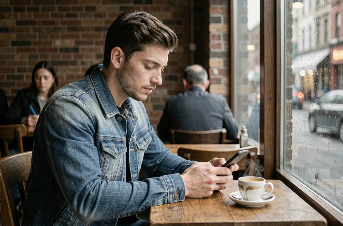 Jeune homme seul dans un café consultant son téléphone, évoquant la solitude et l'influence des relations fictives sur les attentes sentimentales modernes