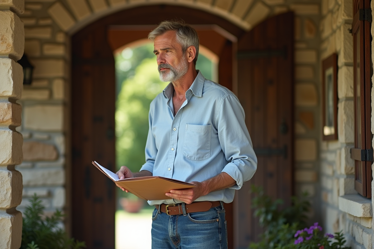 Homme d'âge moyen devant une maison de campagne en pierre