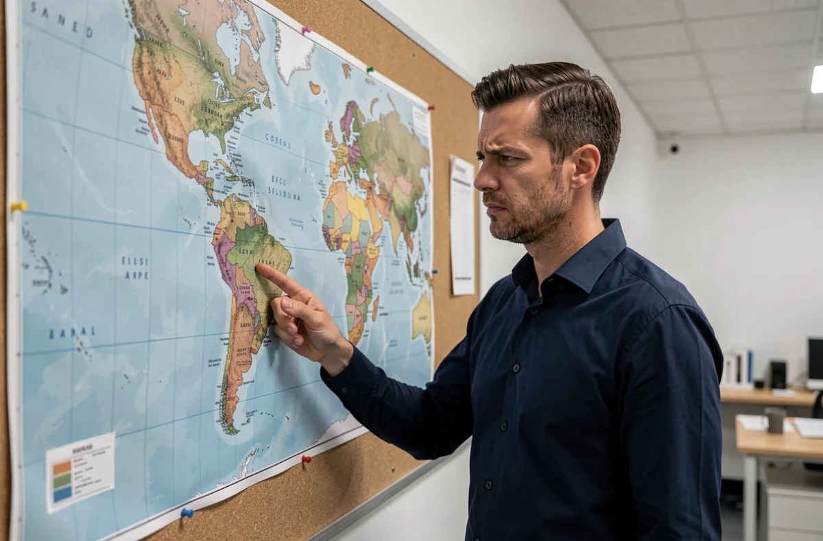 Homme pointant une carte du monde à la recherche de la capitale d'un pays commençant par Y