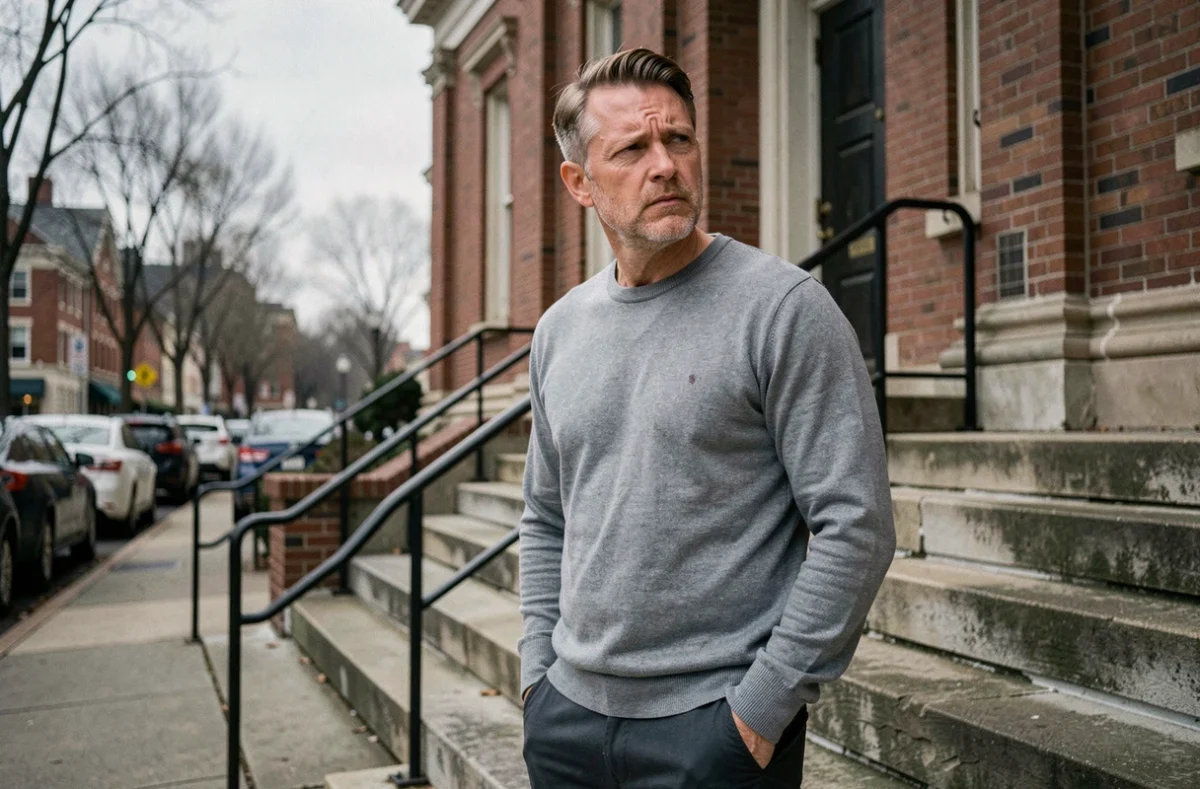 Homme songeur devant un palais de justice en hiver, symbolisant le poids de la culpabilité et du secret moral au cœur du film Juré n°2