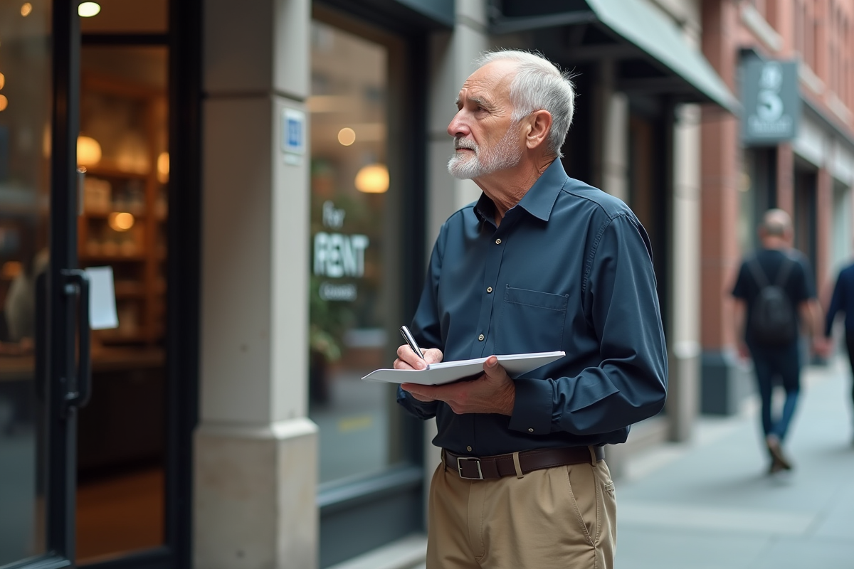 Homme regarde devant un local à louer en ville