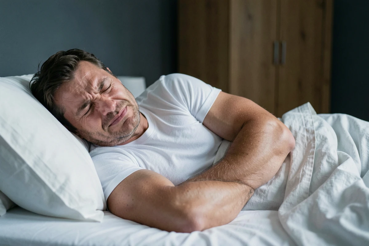 Homme endormi avec expression tendue et front plissé, rêve anxieux ou cauchemar perturbant