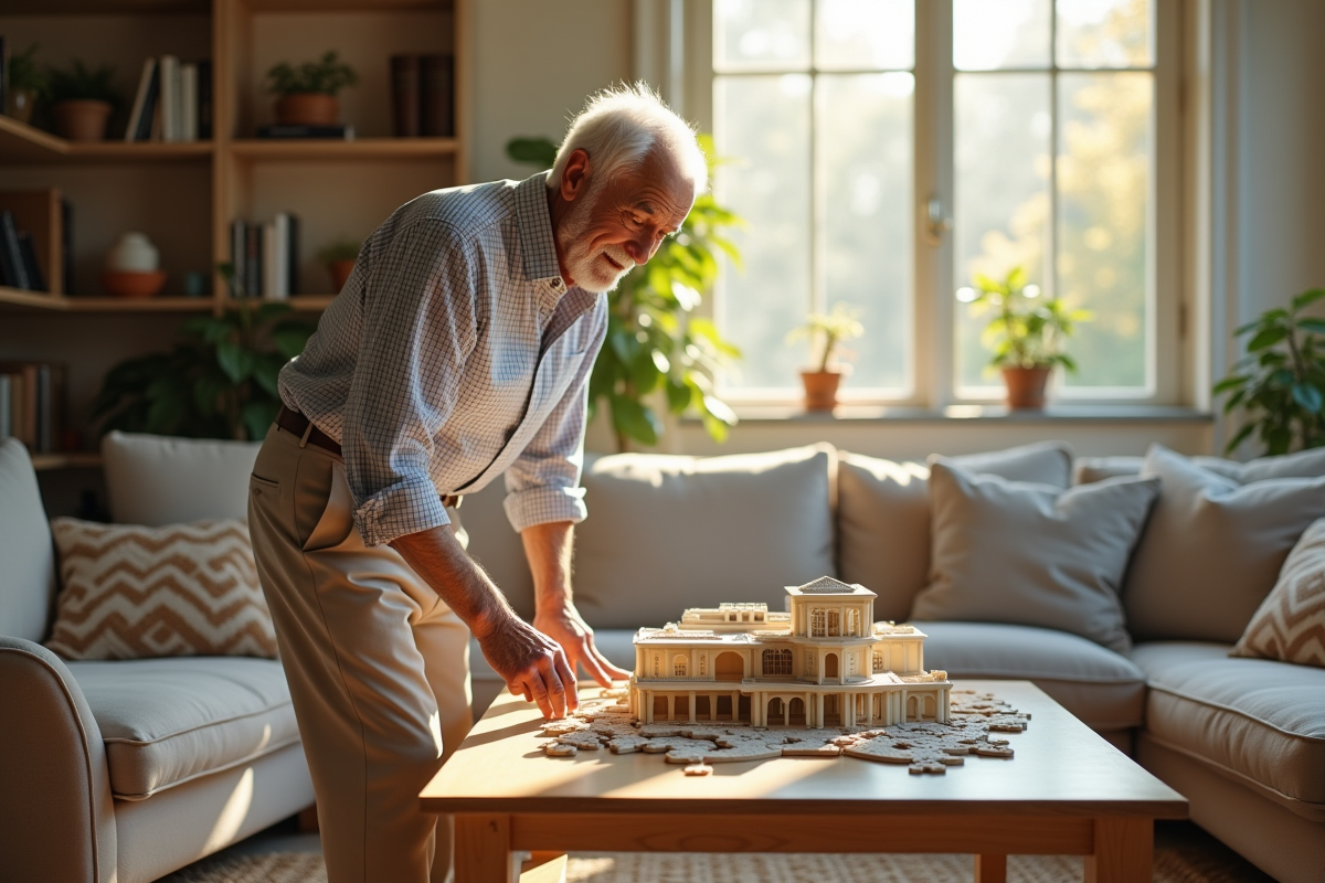 Homme âgé vérifie un puzzle architectural près de la fenêtre