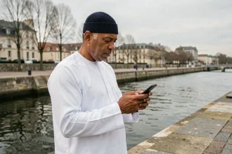 Homme consultant les horaires de prière islamique sur smartphone au bord de la Loire à Nantes