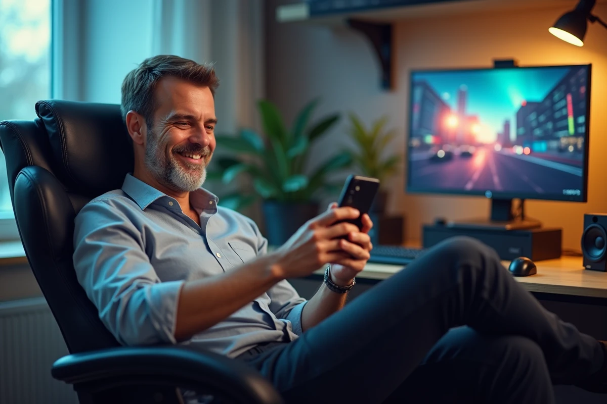 Homme détendu utilisant son smartphone dans un bureau moderne