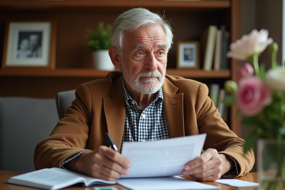 Homme senior lisant documents à la maison