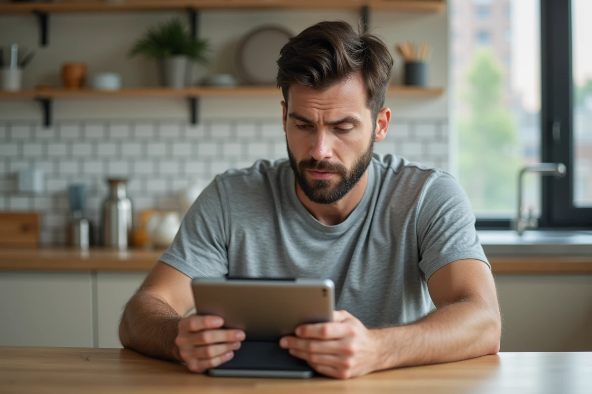 Homme concentré sur une tablette découvrant une ressource gratuite pour Monopoly GO dans sa cuisine