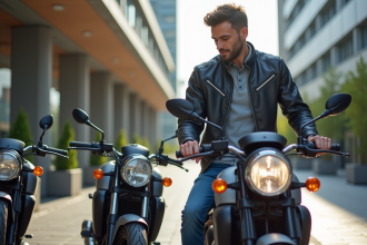 Homme examinant deux motos Skyteam 125 en ville