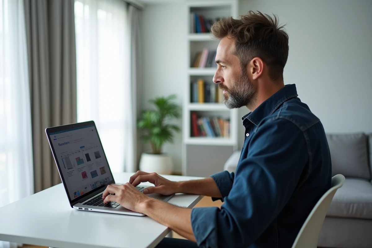 Homme classant et organisant des ebooks romance sur un ordinateur portable dans un appartement moderne