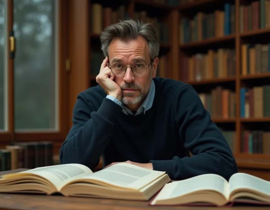 Homme pensif lisant des livres de philosophie de Schopenhauer dans une bibliothèque personnelle chaleureuse
