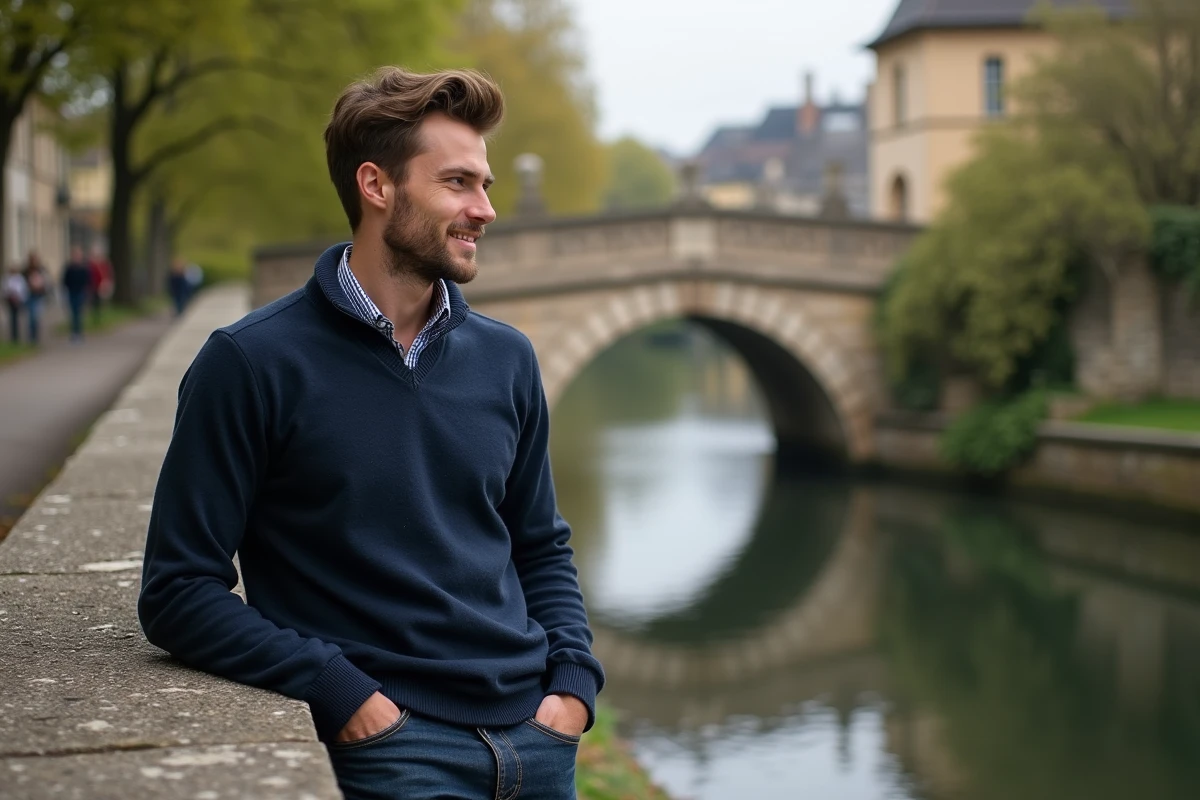 Homme souriant près d’un pont en ville française