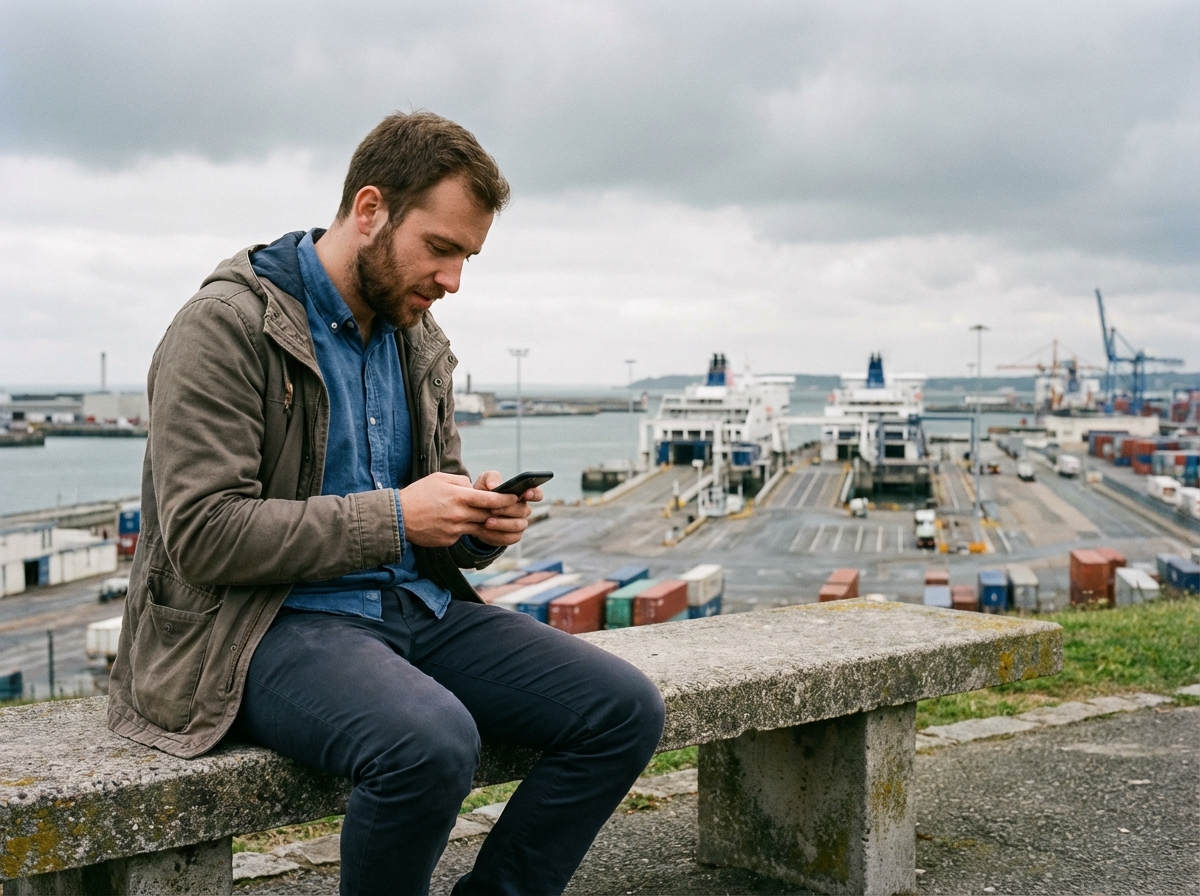 Jeune homme utilisant son smartphone face au port du Havre