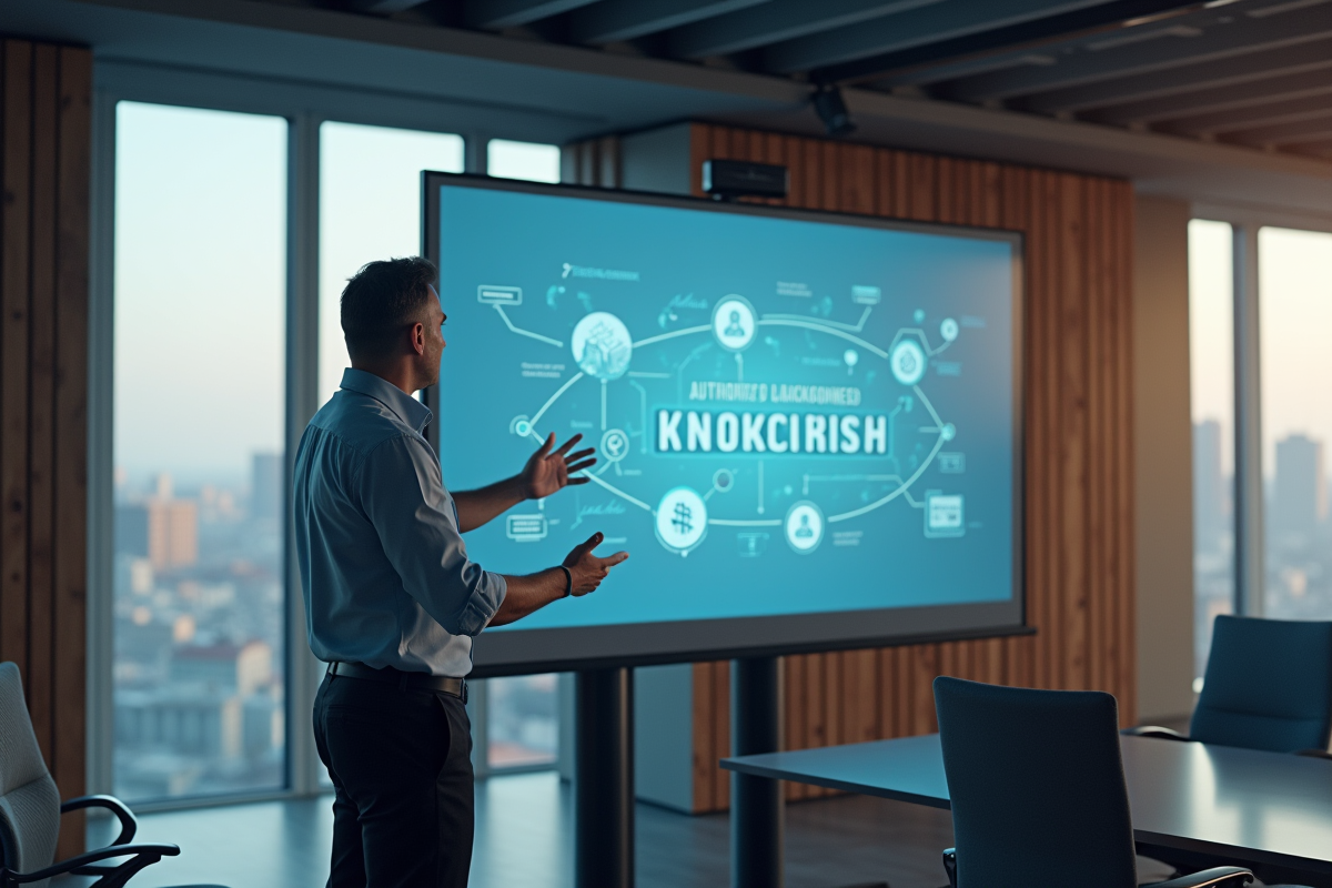 Homme en smart casual présente un réseau blockchain dans une salle