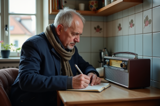Homme d'âge moyen réglant une radio portable dans la cuisine