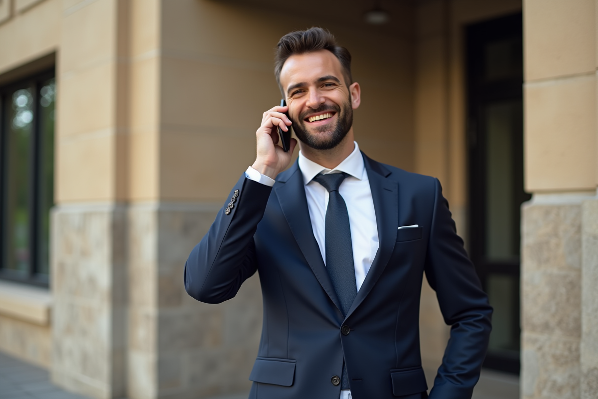 Homme souriant parlant au téléphone devant une librairie urbaine