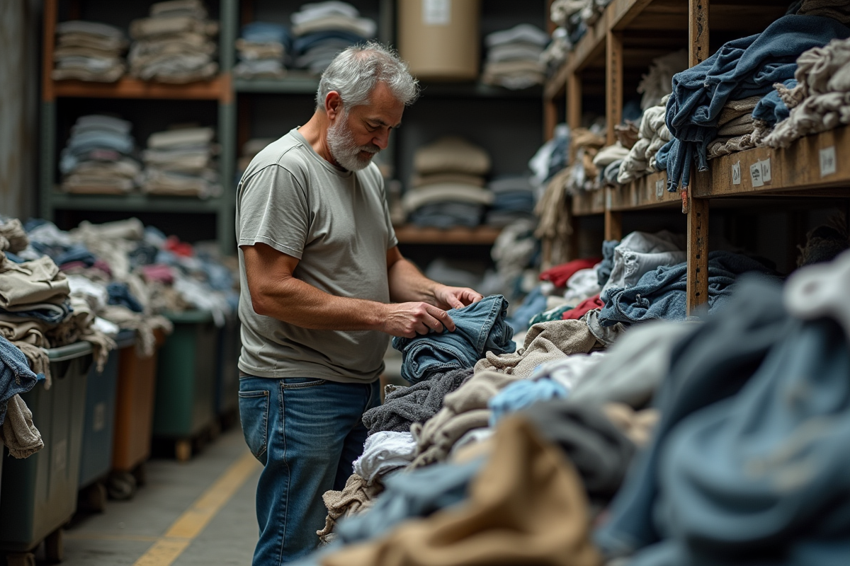 Homme triant des vêtements dans un atelier de recyclage textile