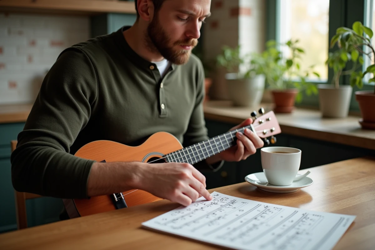 Homme adulte qui joue du ukulélé en suivant une tablature annotée posée sur une table en bois dans une cuisine