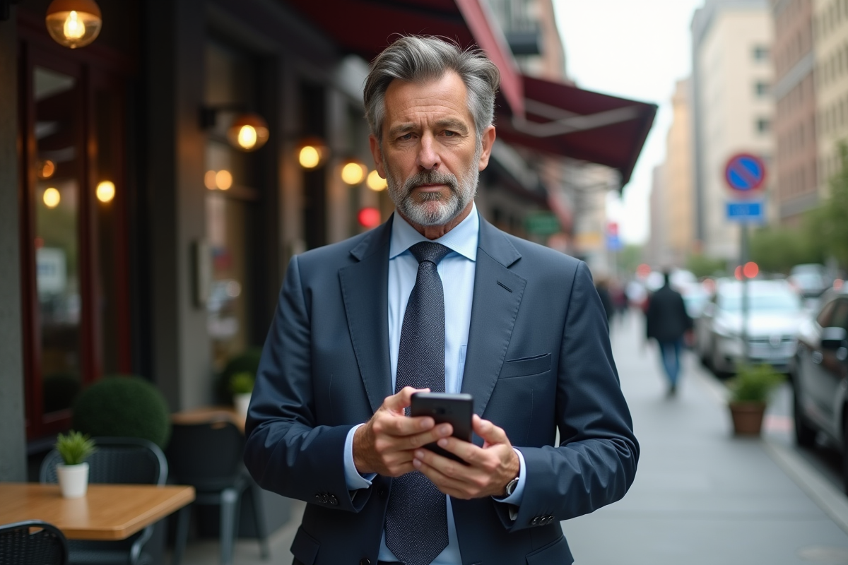 Homme en costume utilisant son smartphone en ville