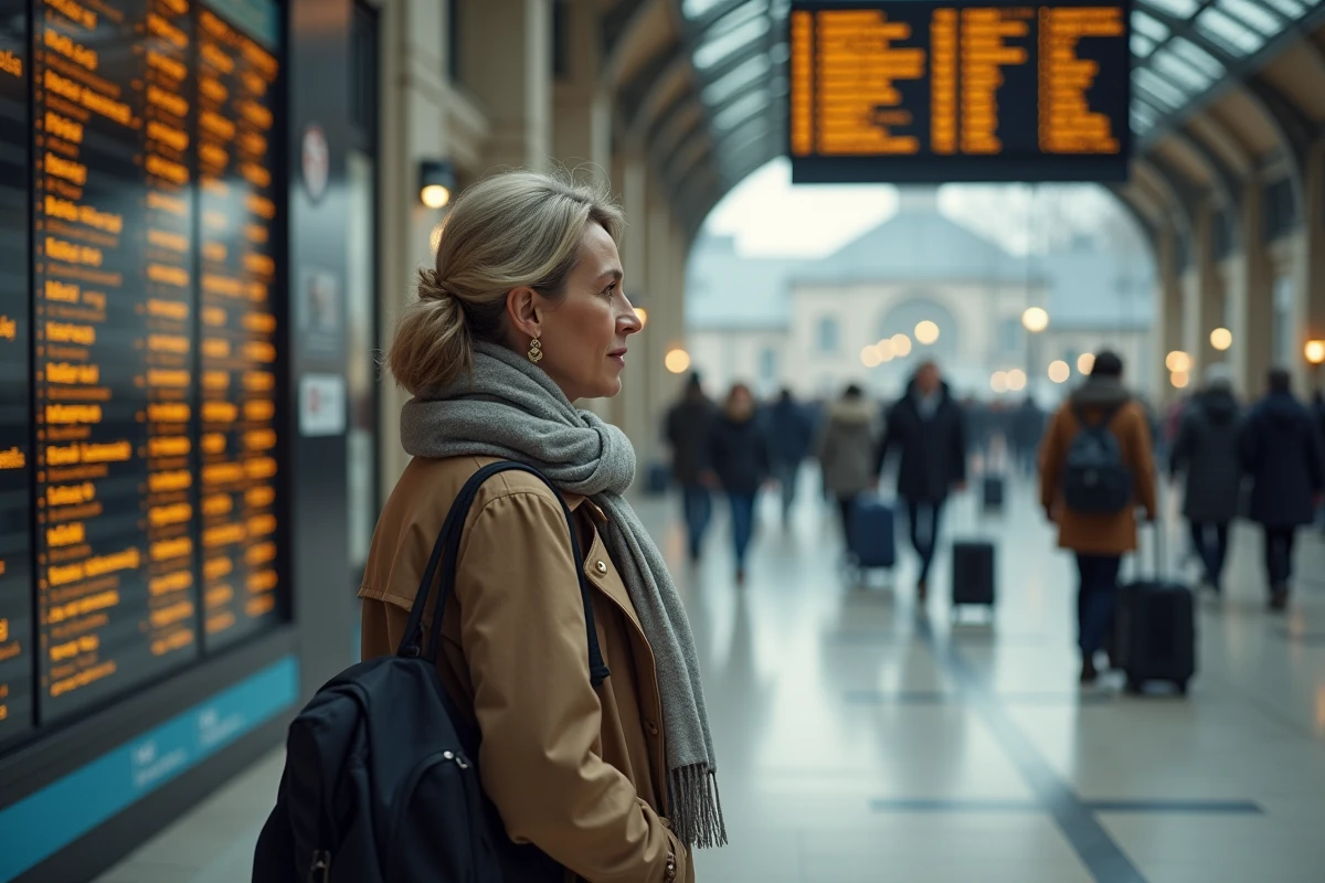 Femme consultante les horaires dans une gare